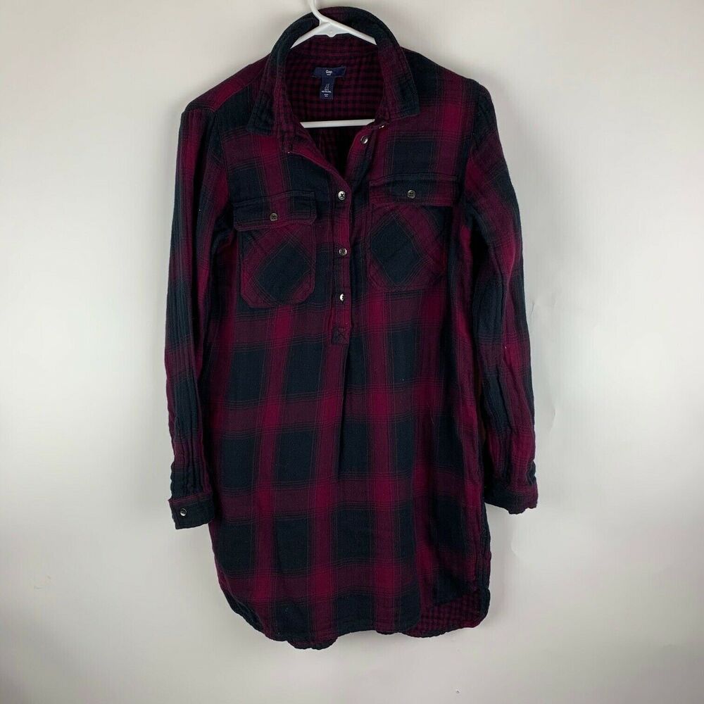 Gap Womens Long Flannel Tunic Top Long Sleeve High Low Hem Size Small